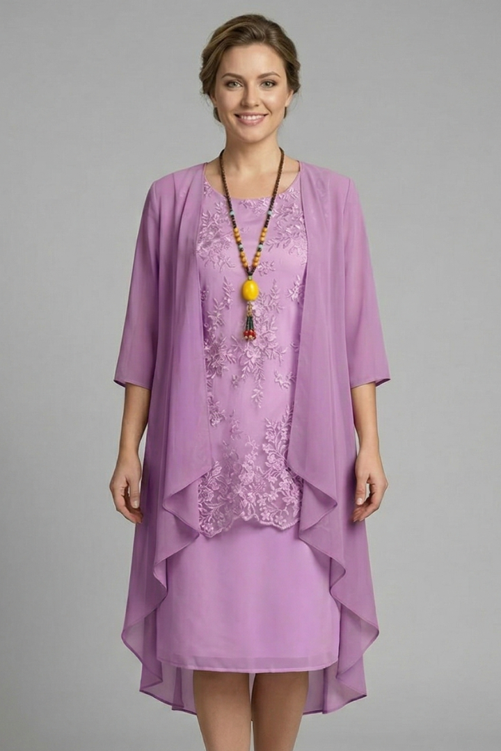 Women's Layered Chiffon Midi Dress with Lace Overlay – Wedding Guest & Garden Party Dress
