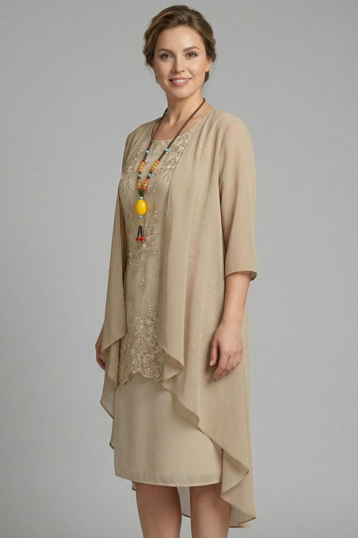 Women's Layered Chiffon Midi Dress with Lace Overlay – Wedding Guest & Garden Party Dress