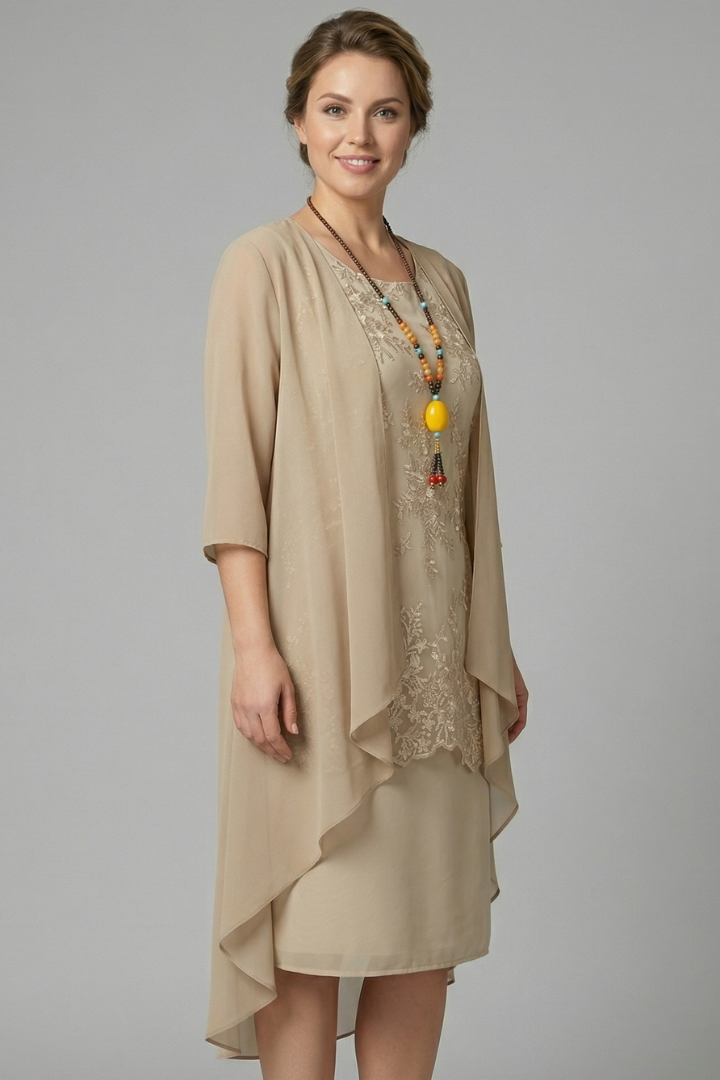 Women's Layered Chiffon Midi Dress with Lace Overlay – Wedding Guest & Garden Party Dress