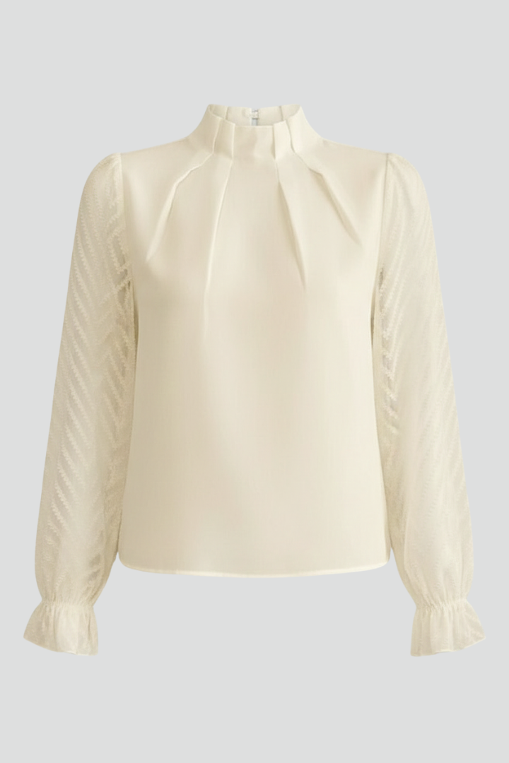 Women's Pleated Neckline Long Sleeve Top – Textured Sleeve Lightweight Blouse
