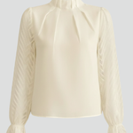 Women's Pleated Neckline Long Sleeve Top – Textured Sleeve Lightweight Blouse