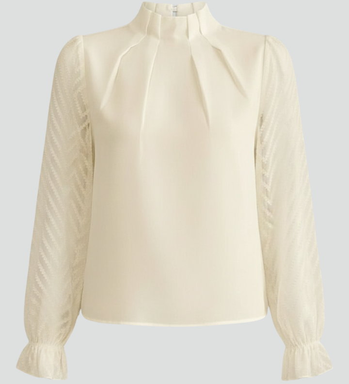 Women's Pleated Neckline Long Sleeve Top – Textured Sleeve Lightweight Blouse