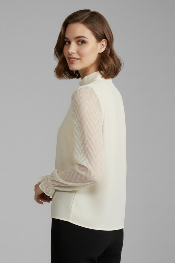 Women's Pleated Neckline Long Sleeve Top – Textured Sleeve Lightweight Blouse