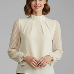 Women's Pleated Neckline Long Sleeve Top – Textured Sleeve Lightweight Blouse