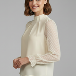 Women's Pleated Neckline Long Sleeve Top – Textured Sleeve Lightweight Blouse