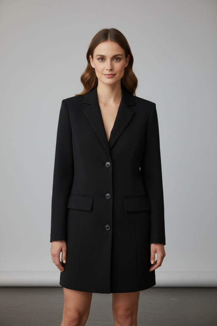 Women's Longline Blazer with Notched Lapel & Button Front – Tailored Office Jacket