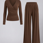 Women's Lounge Set with Wrap V-Neck Top & Wide-Leg Pants – Two-Piece Relaxed Matching Outfit