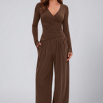 Women's Lounge Set with Wrap V-Neck Top & Wide-Leg Pants – Two-Piece Relaxed Matching Outfit