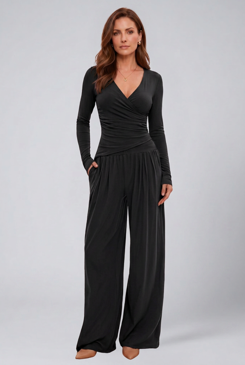 Women's Lounge Set with Wrap V-Neck Top & Wide-Leg Pants – Two-Piece Relaxed Matching Outfit