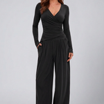 Women's Lounge Set with Wrap V-Neck Top & Wide-Leg Pants – Two-Piece Relaxed Matching Outfit