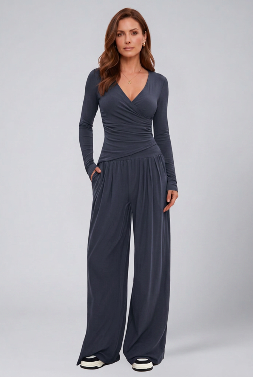 Women's Lounge Set with Wrap V-Neck Top & Wide-Leg Pants – Two-Piece Relaxed Matching Outfit