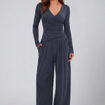 Women's Lounge Set with Wrap V-Neck Top & Wide-Leg Pants – Two-Piece Relaxed Matching Outfit