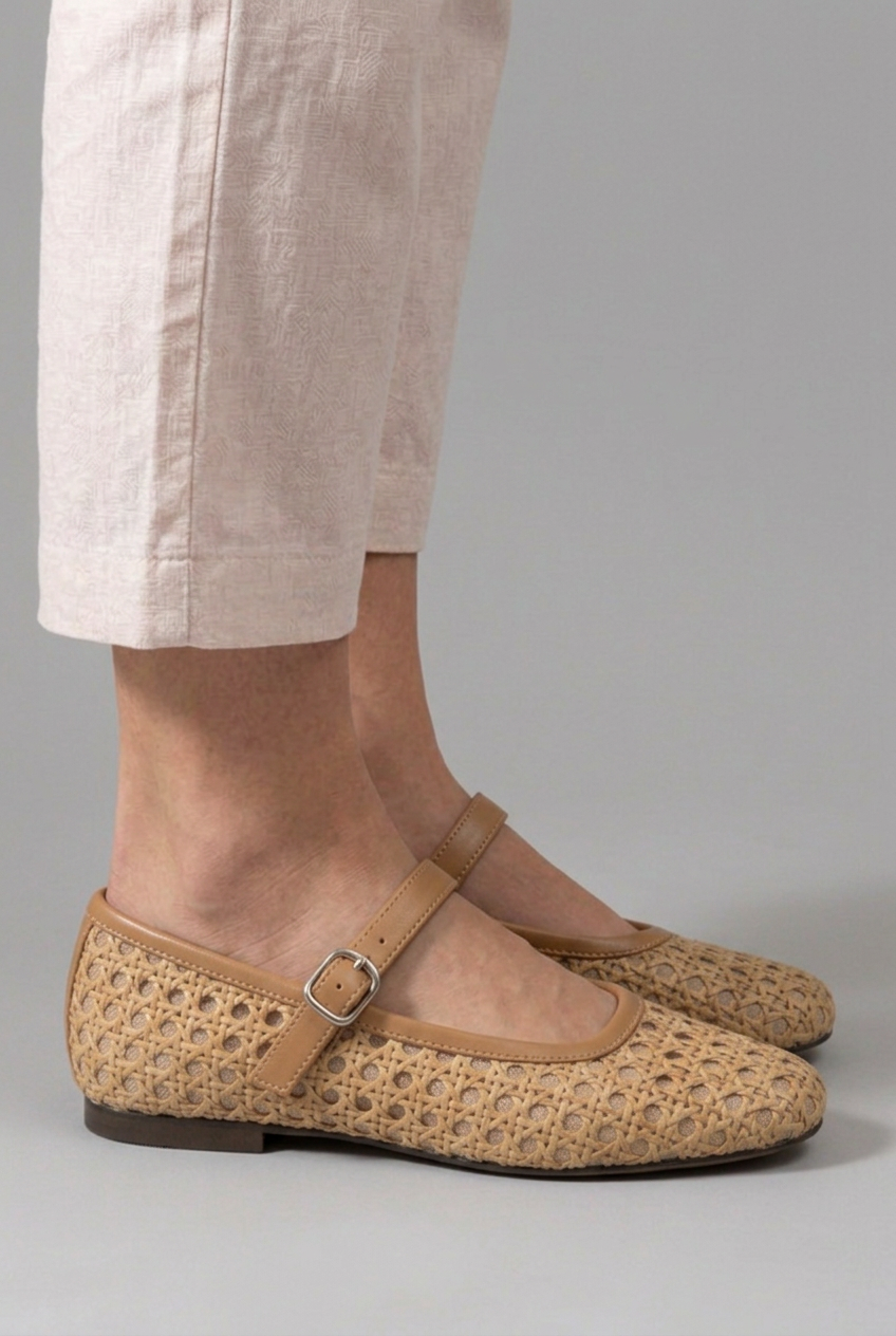Women's Crochet Woven Mary Jane Flats with Buckle Strap – Floral Everyday Summer Shoes