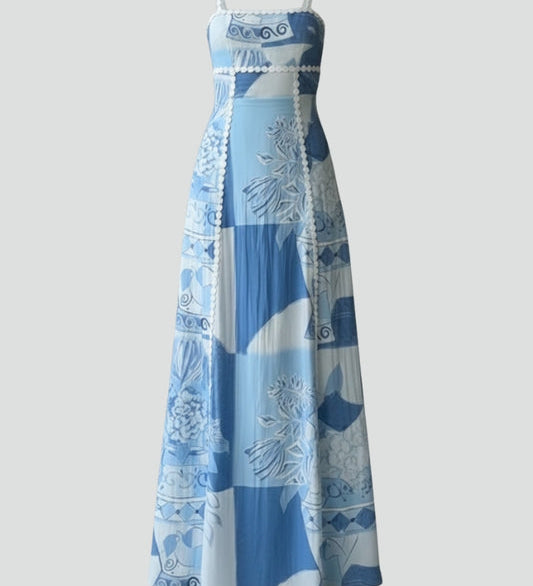 Women's Sleeveless Patterned Maxi Dress with Straight Neckline & Thin Straps – Summer Dress