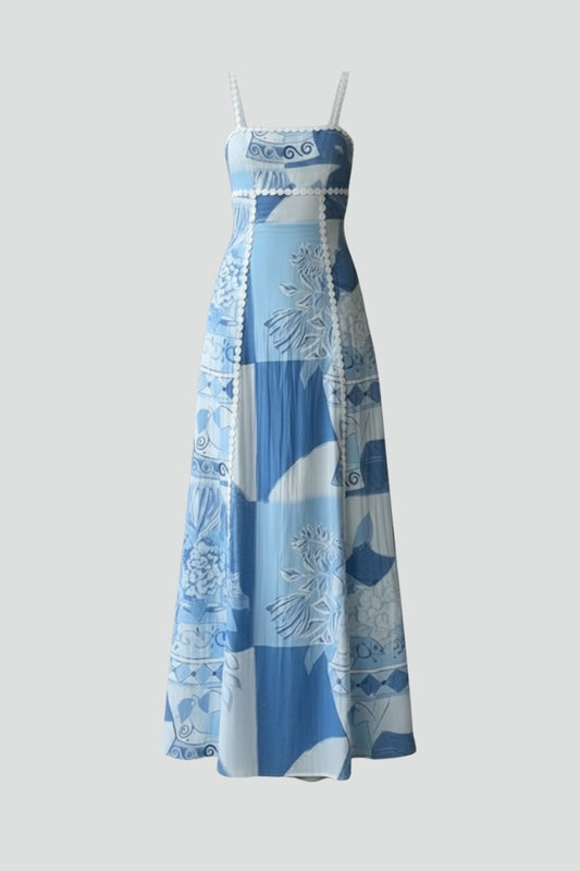 Women's Sleeveless Patterned Maxi Dress with Straight Neckline & Thin Straps – Summer Dress
