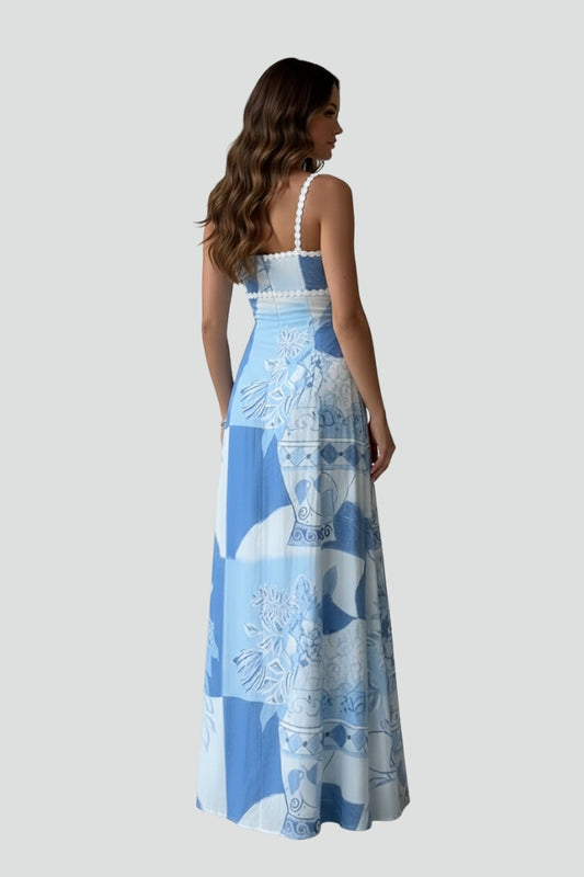 Women's Sleeveless Patterned Maxi Dress with Straight Neckline & Thin Straps – Summer Dress