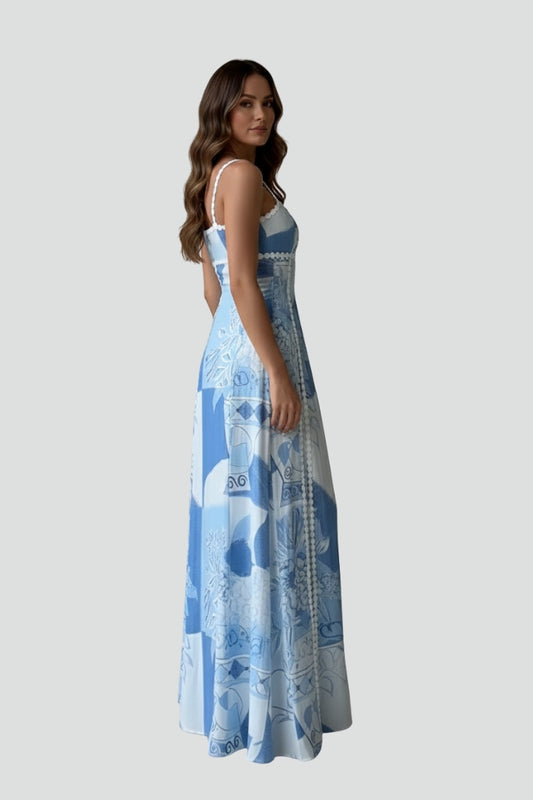 Women's Sleeveless Patterned Maxi Dress with Straight Neckline & Thin Straps – Summer Dress