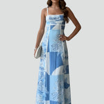 Women's Sleeveless Patterned Maxi Dress with Straight Neckline & Thin Straps – Summer Dress