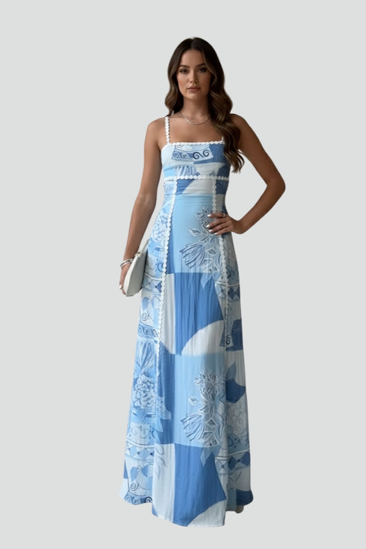 Women's Sleeveless Patterned Maxi Dress with Straight Neckline & Thin Straps – Summer Dress