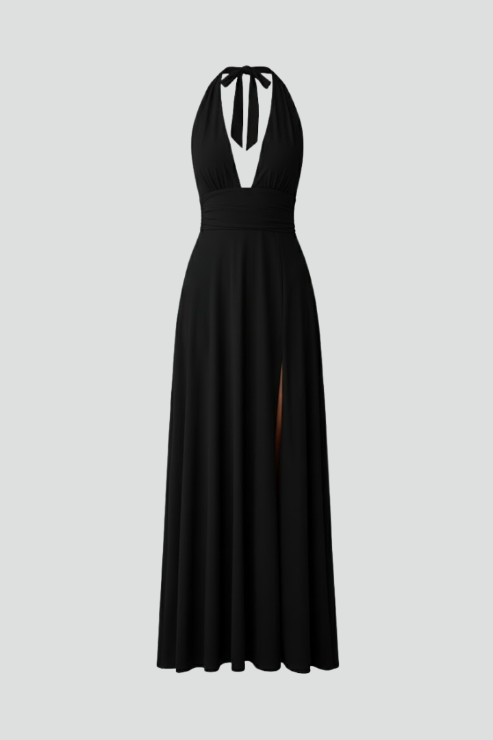 Women's Tie Neck Maxi Dress with Side Slit – Elegant Long Dress for Summer Events