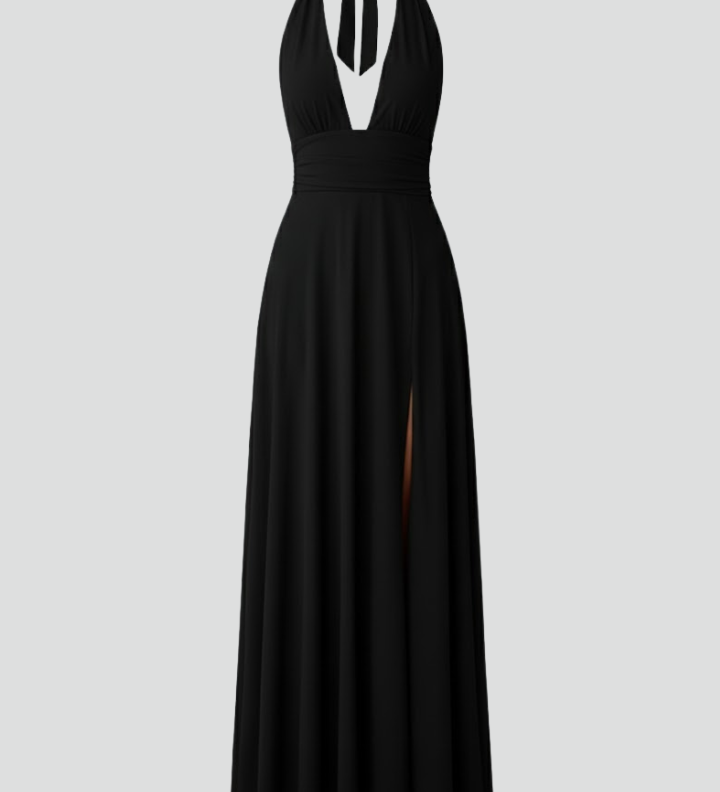Women's Tie Neck Maxi Dress with Side Slit – Elegant Long Dress for Summer Events