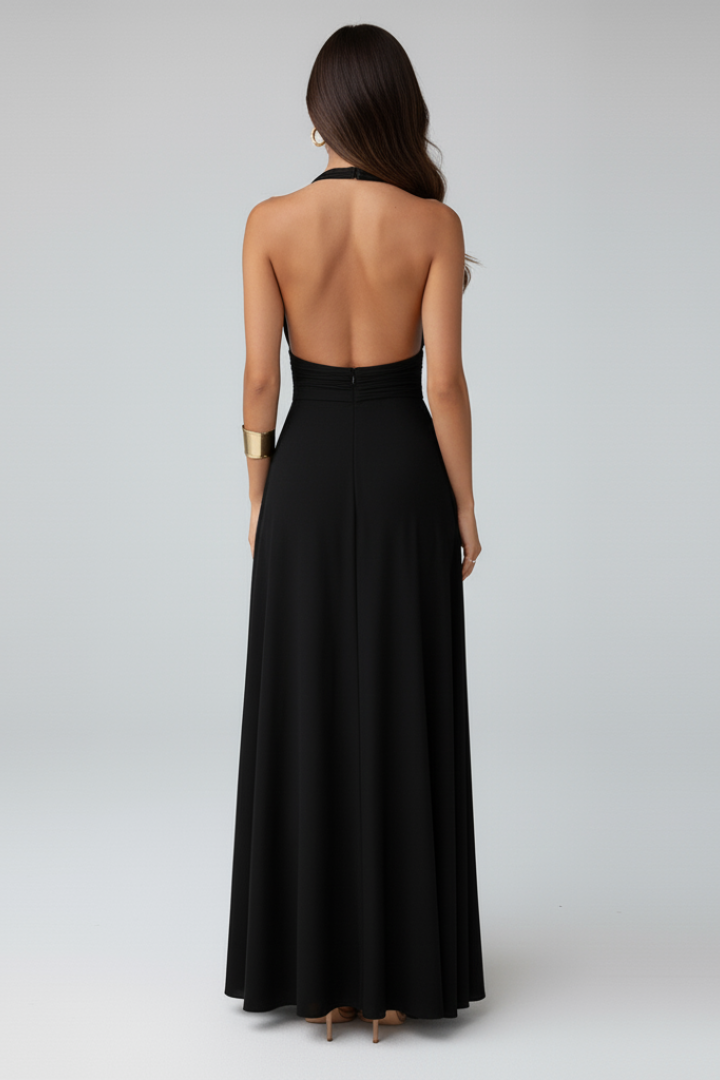 Women's Tie Neck Maxi Dress with Side Slit – Elegant Long Dress for Summer Events