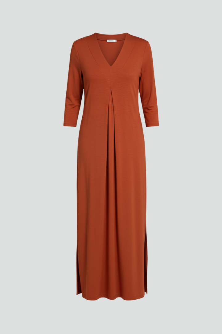 Women's Long Sleeve V-Neck Maxi Dress with Side Slit – Flowing Pullover Dress for Spring