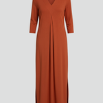 Women's Long Sleeve V-Neck Maxi Dress with Side Slit – Flowing Pullover Dress for Spring