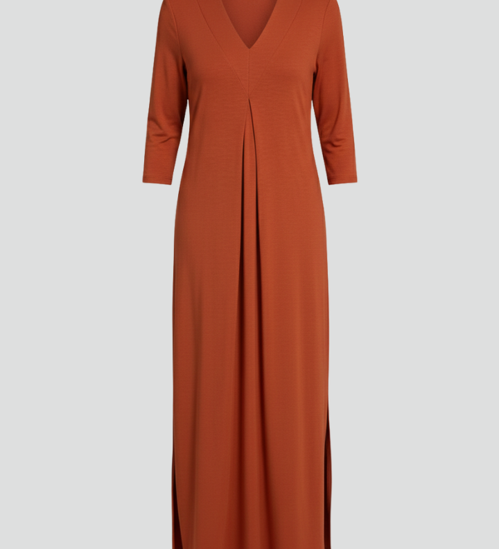 Women's Long Sleeve V-Neck Maxi Dress with Side Slit – Flowing Pullover Dress for Spring