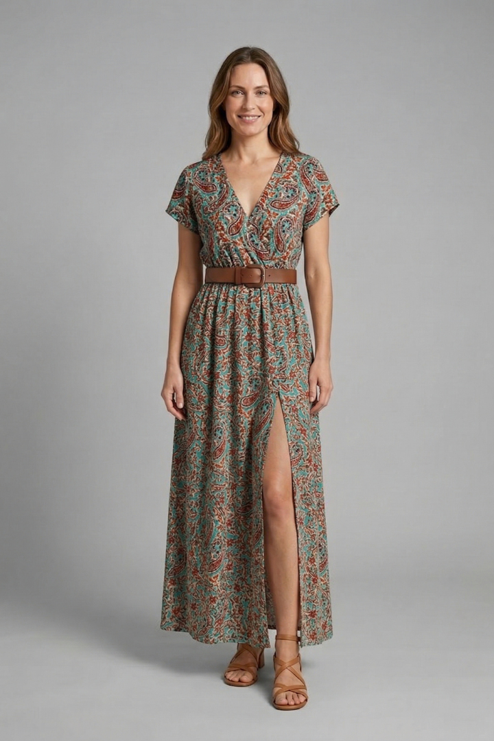 Women's Long Sleeve V-Neck Maxi Dress with Side Slit – Flowing Pullover Dress for Spring