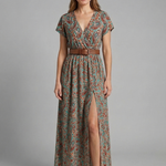 Women's Long Sleeve V-Neck Maxi Dress with Side Slit – Flowing Pullover Dress for Spring
