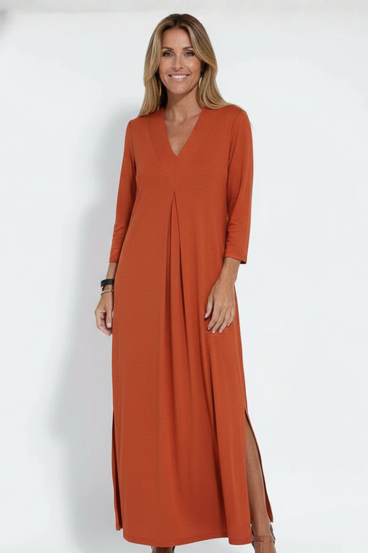 Women's Long Sleeve V-Neck Maxi Dress with Side Slit – Flowing Pullover Dress for Spring