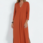 Women's Long Sleeve V-Neck Maxi Dress with Side Slit – Flowing Pullover Dress for Spring
