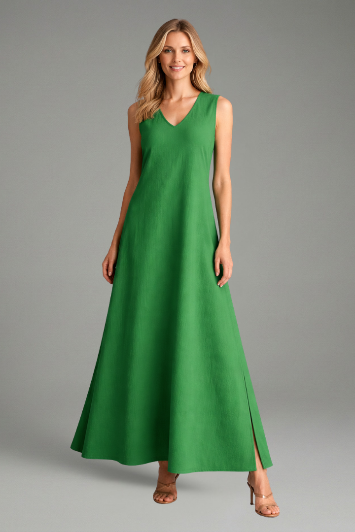 Women's Sleeveless V-Neck Maxi Dress with Side Slit & Button Placket – Summer Maxi Dress