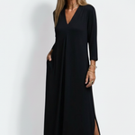 Women's Long Sleeve V-Neck Maxi Dress with Side Slit – Flowing Pullover Dress for Spring