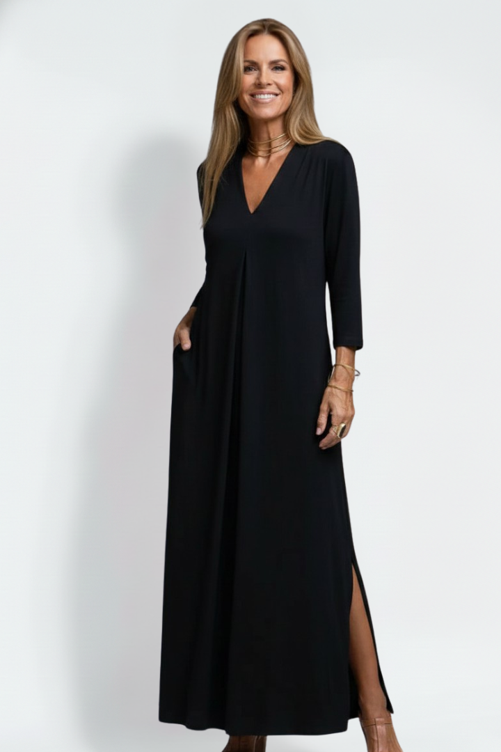 Women's Sleeveless V-Neck Maxi Dress with Side Slit & Button Placket – Summer Maxi Dress