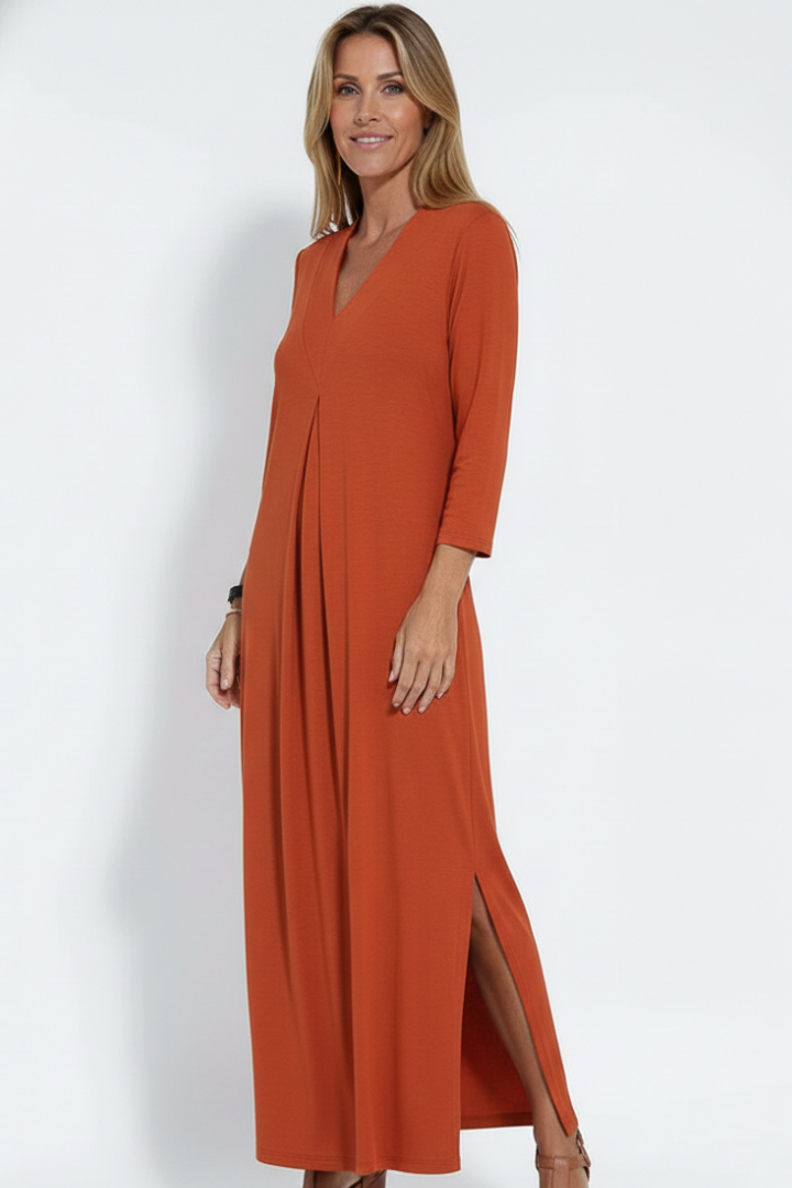 Women's Long Sleeve V-Neck Maxi Dress with Side Slit – Flowing Pullover Dress for Spring