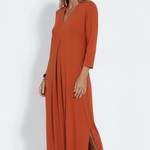 Women's Long Sleeve V-Neck Maxi Dress with Side Slit – Flowing Pullover Dress for Spring