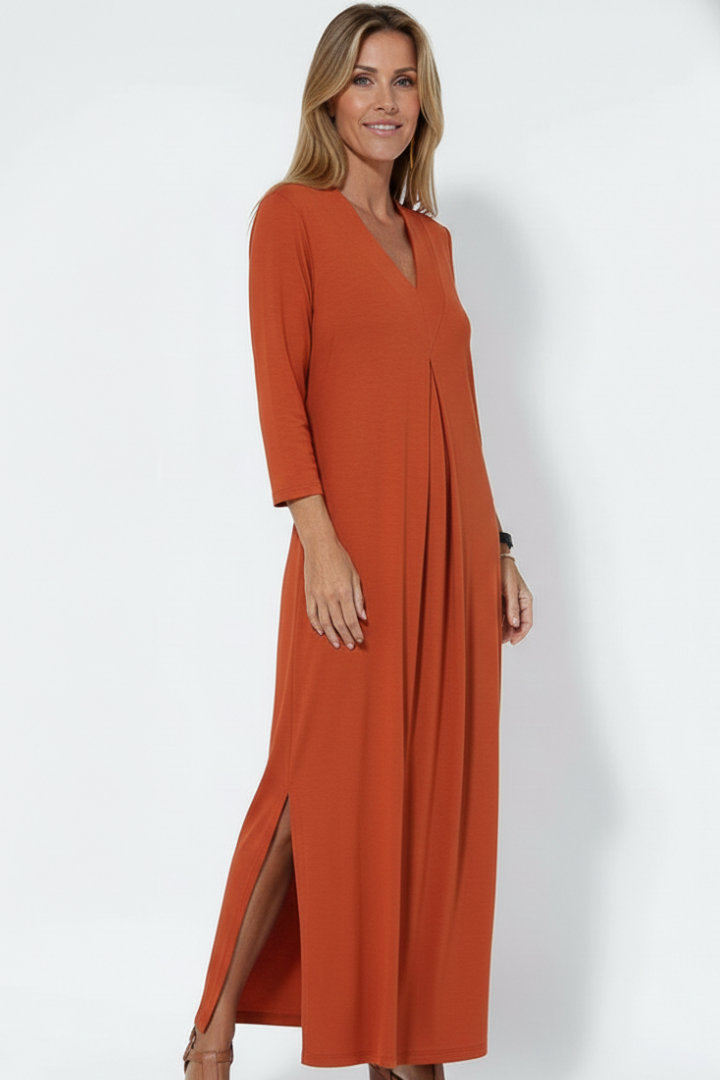 Women's Long Sleeve V-Neck Maxi Dress with Side Slit – Flowing Pullover Dress for Spring