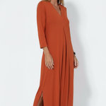 Women's Long Sleeve V-Neck Maxi Dress with Side Slit – Flowing Pullover Dress for Spring