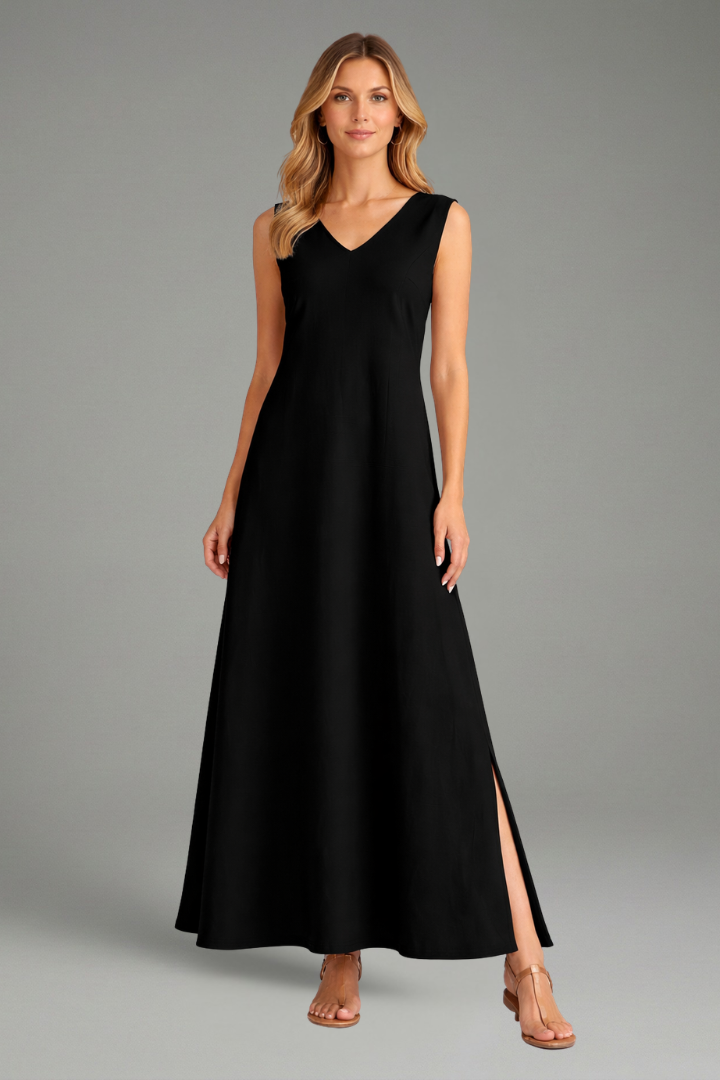 Women's Sleeveless V-Neck Maxi Dress with Side Slit & Button Placket – Summer Maxi Dress