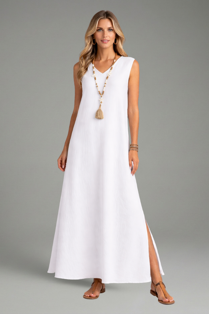 Women's Long Sleeve V-Neck Maxi Dress with Side Slit – Flowing Pullover Dress for Spring