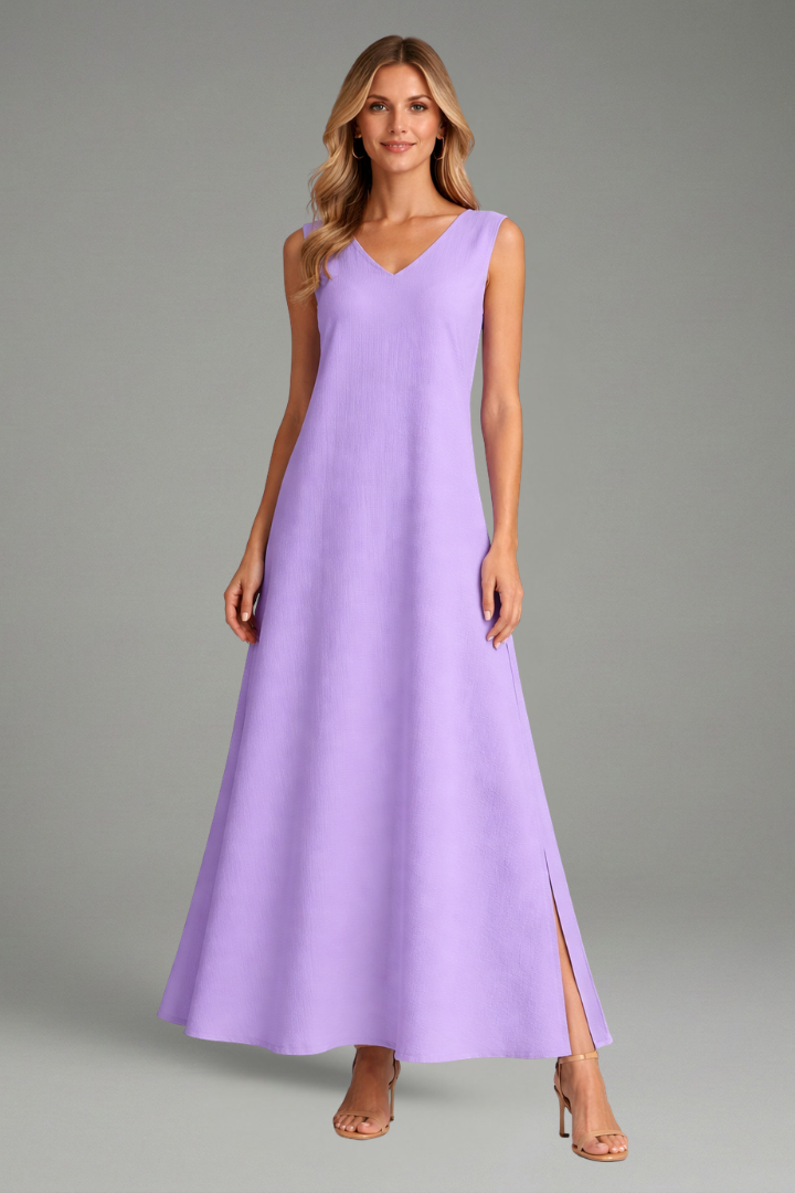 Women's Long Sleeve V-Neck Maxi Dress with Side Slit – Flowing Pullover Dress for Spring