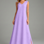 Women's Long Sleeve V-Neck Maxi Dress with Side Slit – Flowing Pullover Dress for Spring
