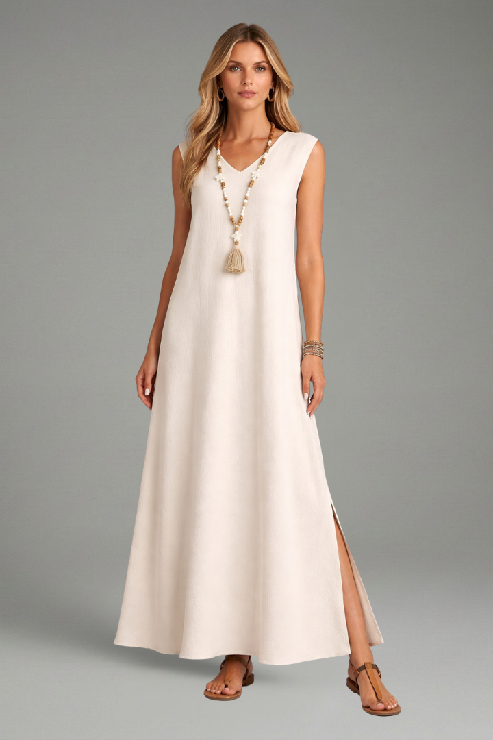 Women's Long Sleeve V-Neck Maxi Dress with Side Slit – Flowing Pullover Dress for Spring