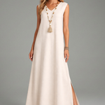 Women's Sleeveless V-Neck Maxi Dress with Side Slit & Button Placket – Summer Maxi Dress