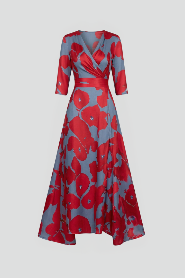 Women's Floral Wrap Maxi Dress with V-Neck & Elbow Sleeves – Flowing Summer Occasion Dress
