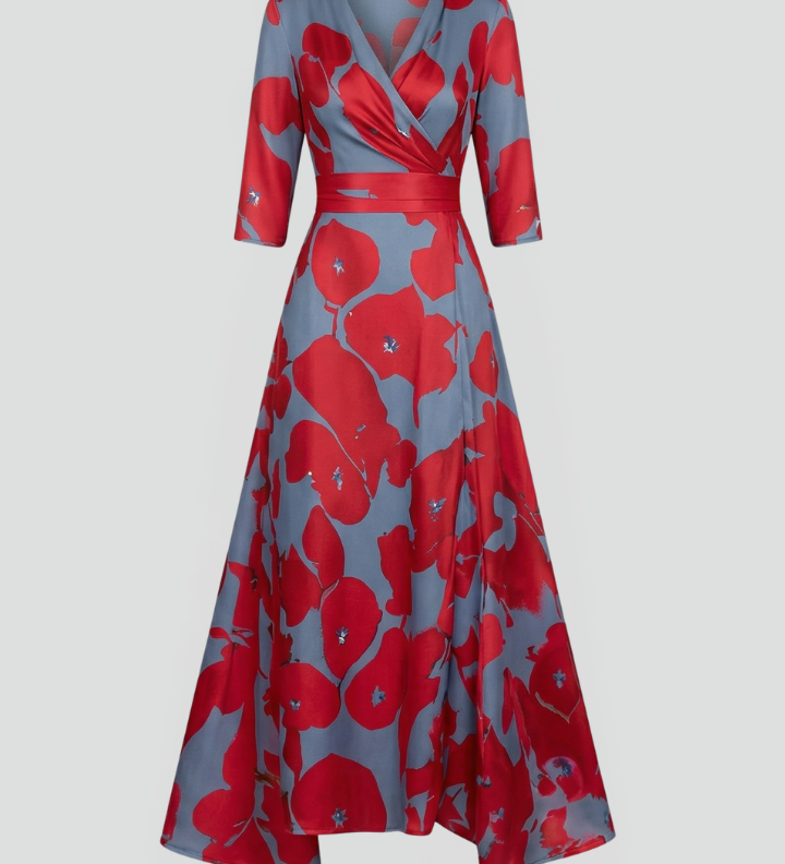 Women's Floral Wrap Maxi Dress with V-Neck & Elbow Sleeves – Flowing Summer Occasion Dress