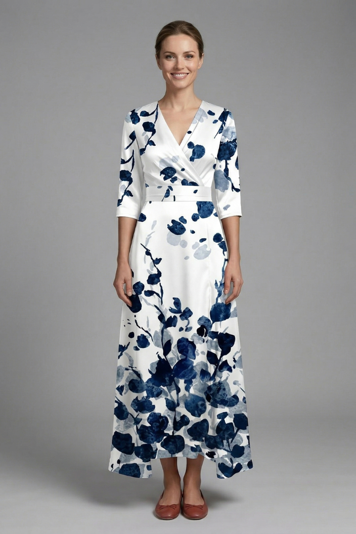 Women's Floral Wrap Maxi Dress with V-Neck & Elbow Sleeves – Flowing Summer Occasion Dress