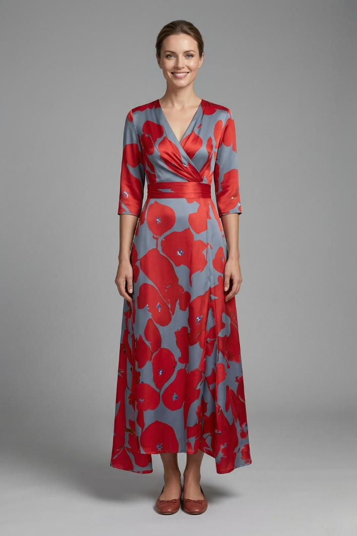 Women's Floral Wrap Maxi Dress with V-Neck & Elbow Sleeves – Flowing Summer Occasion Dress